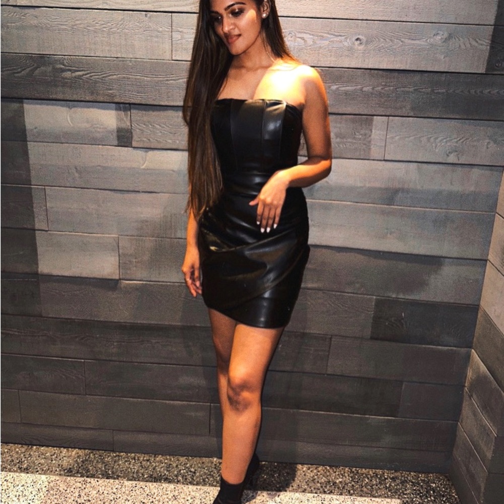 Zara black leather tube ruched dress